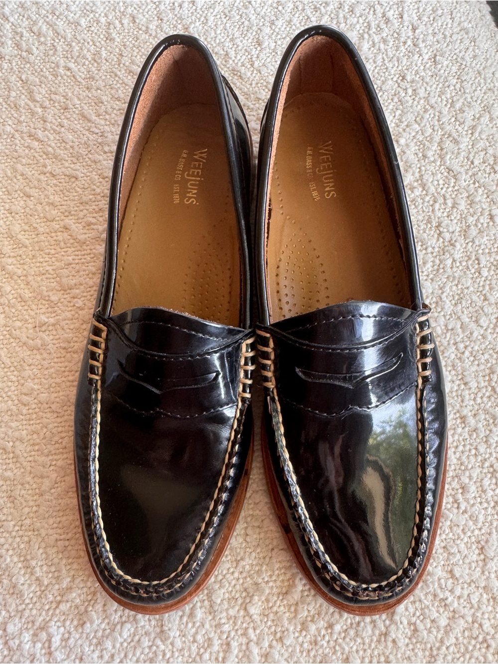 GH Bass Weejuns in black patent leather with moccasin stitching